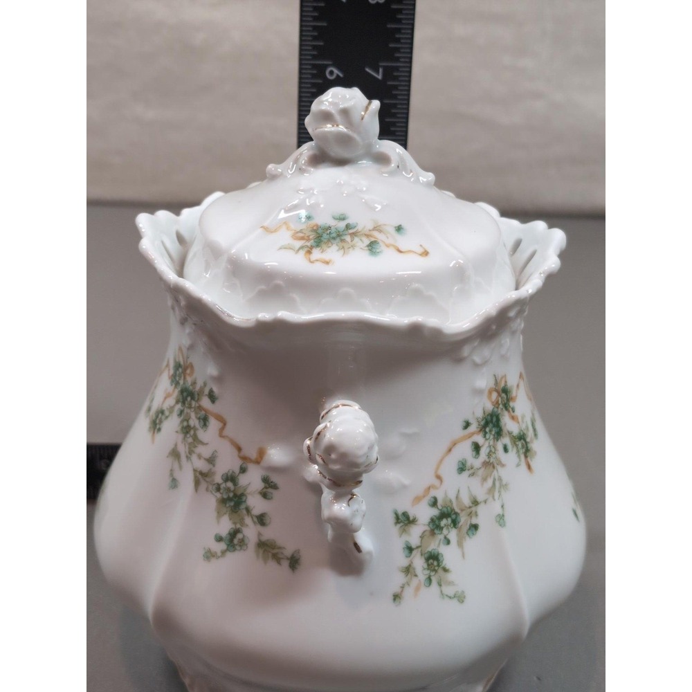 Antique Hermann Ohme Eglantine Porcelain Covered Sugar Bowl Germany Floral Gold - Picture 9 of 13
